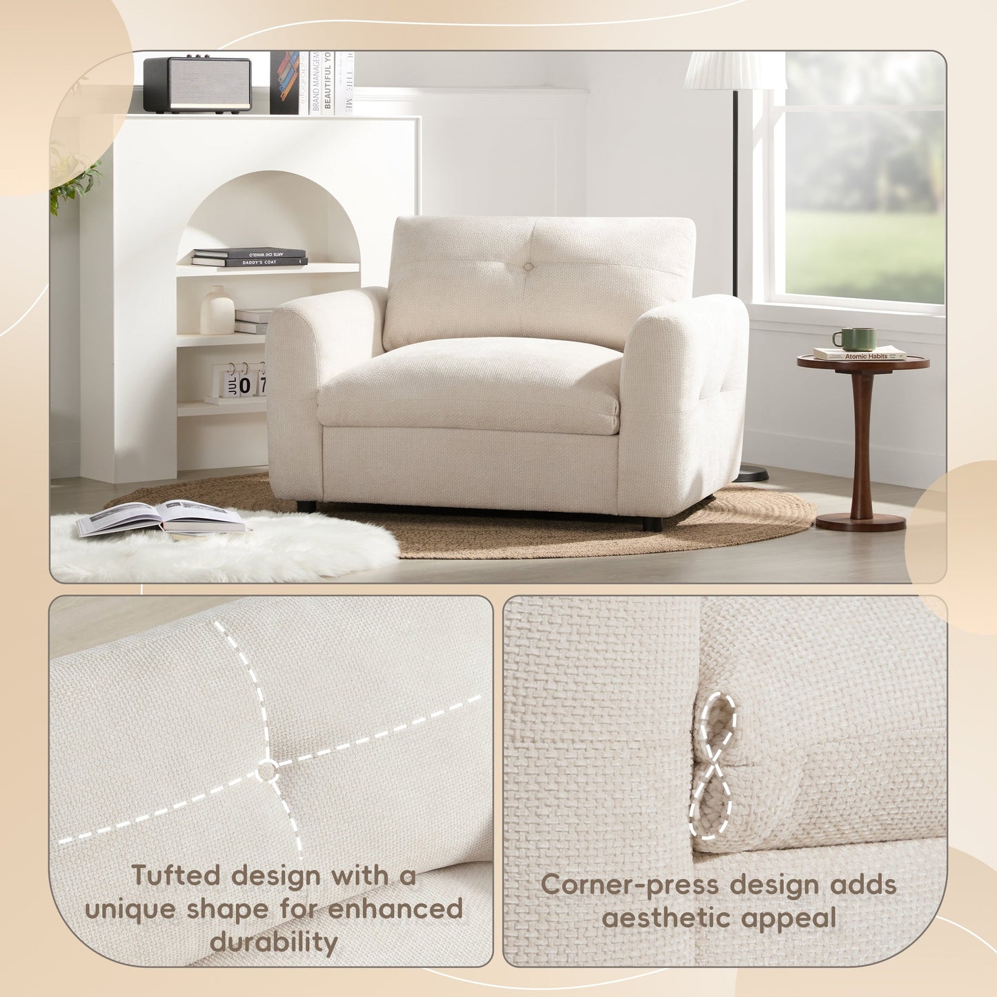 Poltrona con seduta larga 42 pollici, caricabatterie a doppia porta e design con tirante imbottito di Harper&amp;Bright Designs