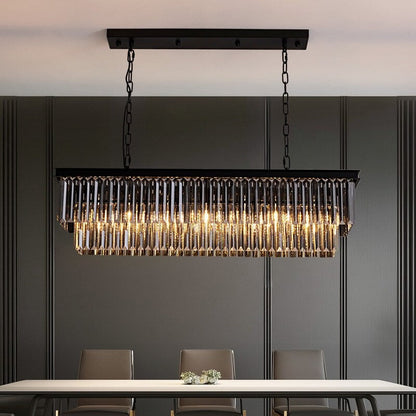 Lampadario moderno contemporaneo in cristallo grigio fumé e nero da 47 pollici, a 2 livelli, con isola da cucina lineare, per sala da pranzo
