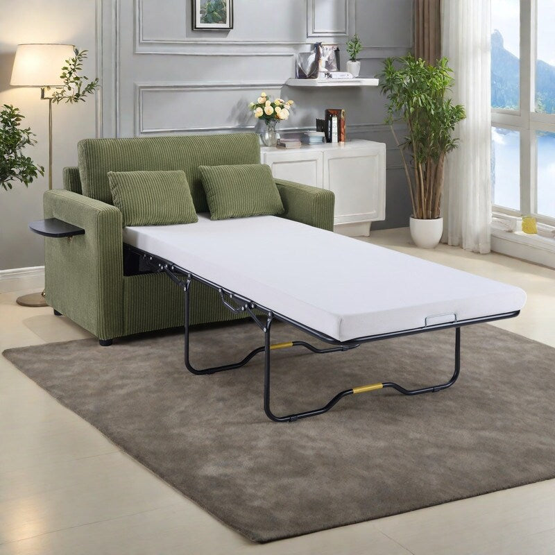 Divano letto matrimoniale in velluto a coste da 47,2 pollici con materasso pieghevole, tavolino laterale, porte USB e tasca portaoggetti