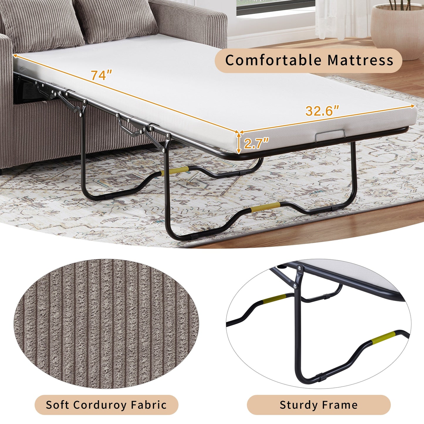 Divano letto matrimoniale in velluto a coste da 47,2 pollici con materasso pieghevole, tavolino laterale, porte USB e tasca portaoggetti