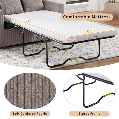 Divano letto matrimoniale in velluto a coste da 47,2 pollici con materasso pieghevole, tavolino laterale, porte USB e tasca portaoggetti