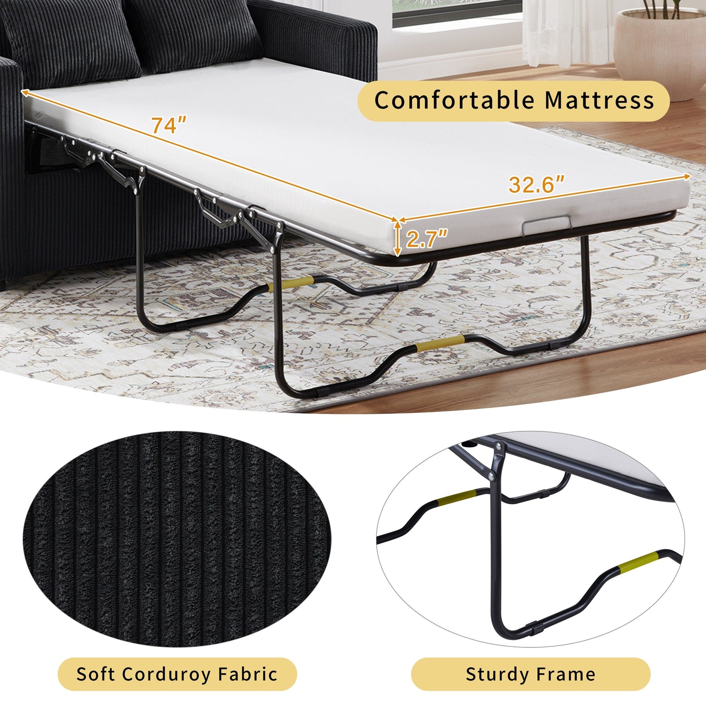 Divano letto matrimoniale in velluto a coste da 47,2 pollici con materasso pieghevole, tavolino laterale, porte USB e tasca portaoggetti