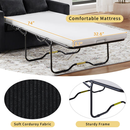 Divano letto matrimoniale in velluto a coste da 47,2 pollici con materasso pieghevole, tavolino laterale, porte USB e tasca portaoggetti