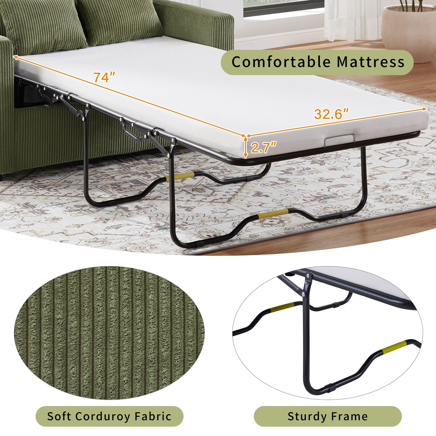 Divano letto matrimoniale in velluto a coste da 47,2 pollici con materasso pieghevole, tavolino laterale, porte USB e tasca portaoggetti