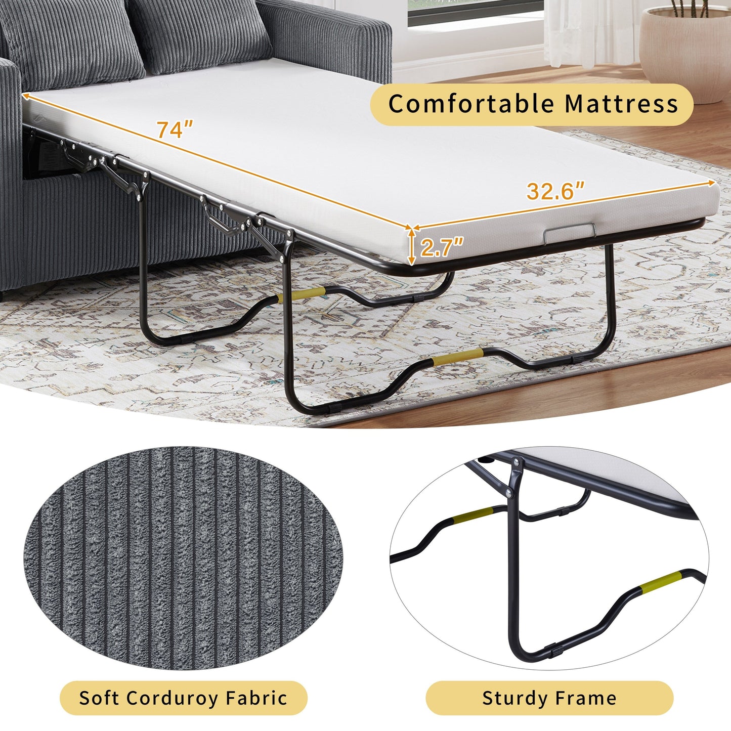 Divano letto matrimoniale in velluto a coste da 47,2 pollici con materasso pieghevole, tavolino laterale, porte USB e tasca portaoggetti