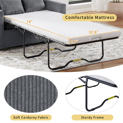 Divano letto matrimoniale in velluto a coste da 47,2 pollici con materasso pieghevole, tavolino laterale, porte USB e tasca portaoggetti