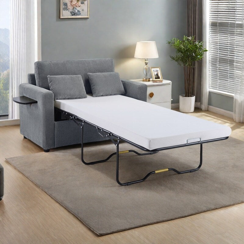 Divano letto matrimoniale in velluto a coste da 47,2 pollici con materasso pieghevole, tavolino laterale, porte USB e tasca portaoggetti