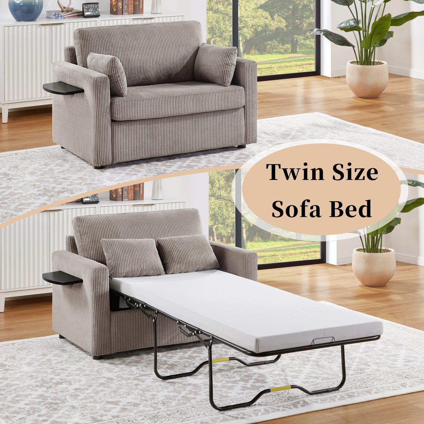 Divano letto matrimoniale in velluto a coste da 47,2 pollici con materasso pieghevole, tavolino laterale, porte USB e tasca portaoggetti