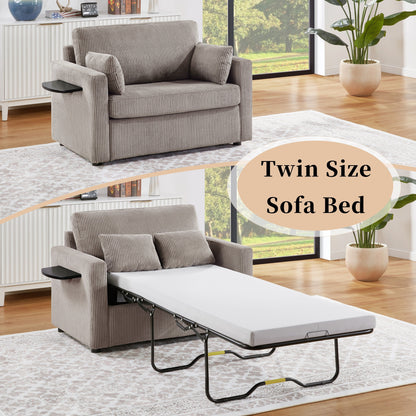 Divano letto matrimoniale in velluto a coste da 47,2 pollici con materasso pieghevole, tavolino laterale, porte USB e tasca portaoggetti