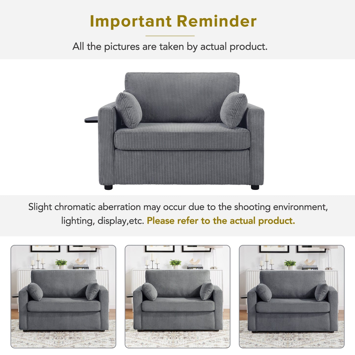 Divano letto matrimoniale in velluto a coste da 47,2 pollici con materasso pieghevole, tavolino laterale, porte USB e tasca portaoggetti