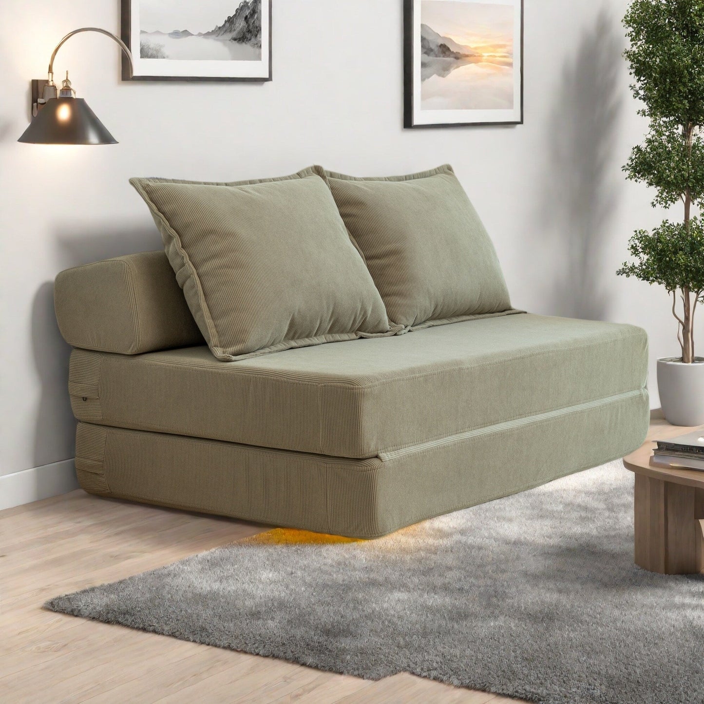 Divano letto a 2 posti in velluto a coste da 47,63 pollici con cuscino, materasso da pavimento, divano da pavimento con schienale per soggiorno
