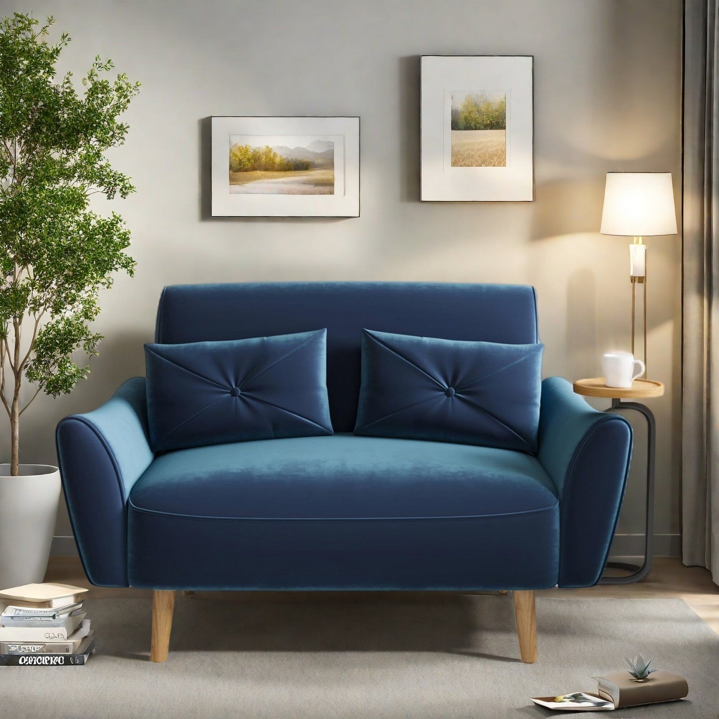 Divano a 2 posti in legno da 47,6 pollici con vassoio convertibile e braccioli curvi - Seduta di lusso compatta per piccoli spazi