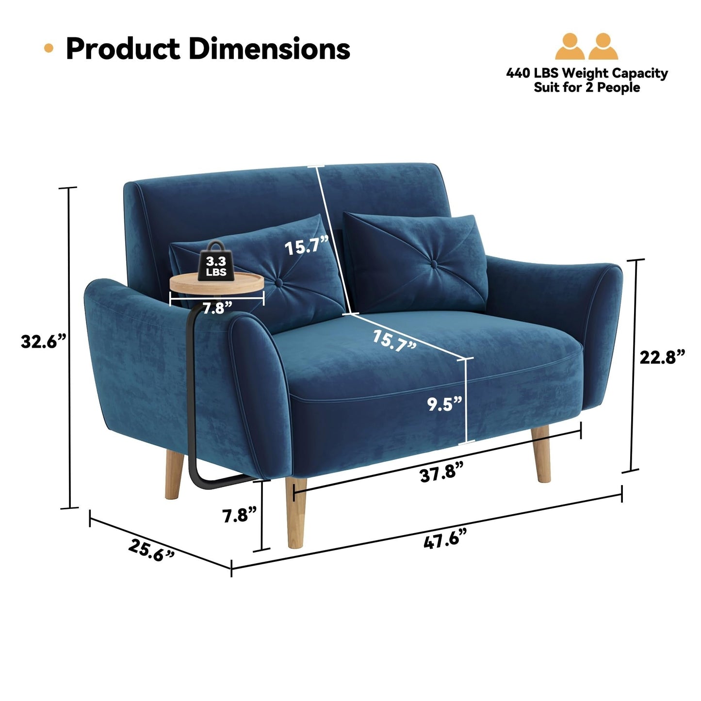 Divano a 2 posti in legno da 47,6 pollici con vassoio convertibile e braccioli curvi - Seduta di lusso compatta per piccoli spazi