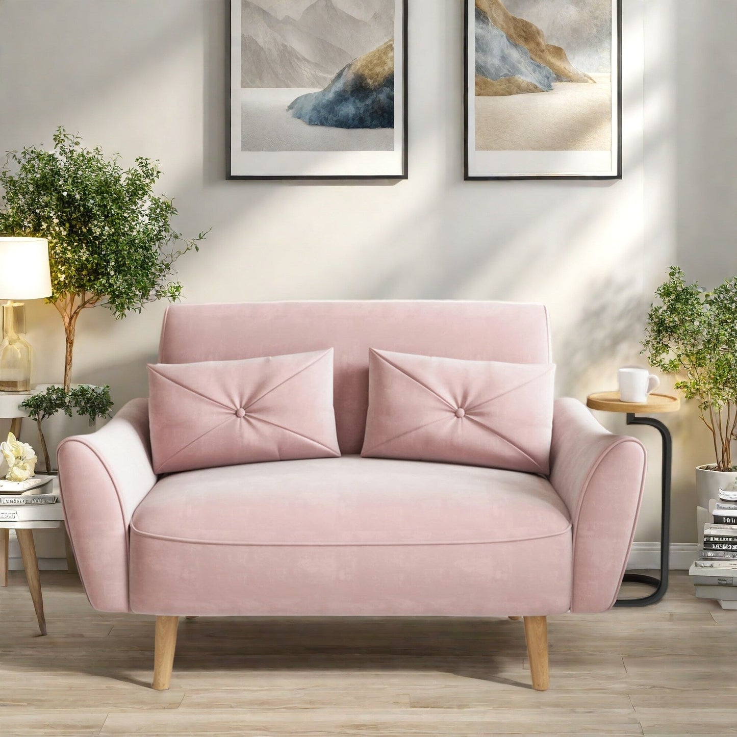 Divano a 2 posti in legno da 47,6 pollici con vassoio convertibile e braccioli curvi - Seduta di lusso compatta per piccoli spazi