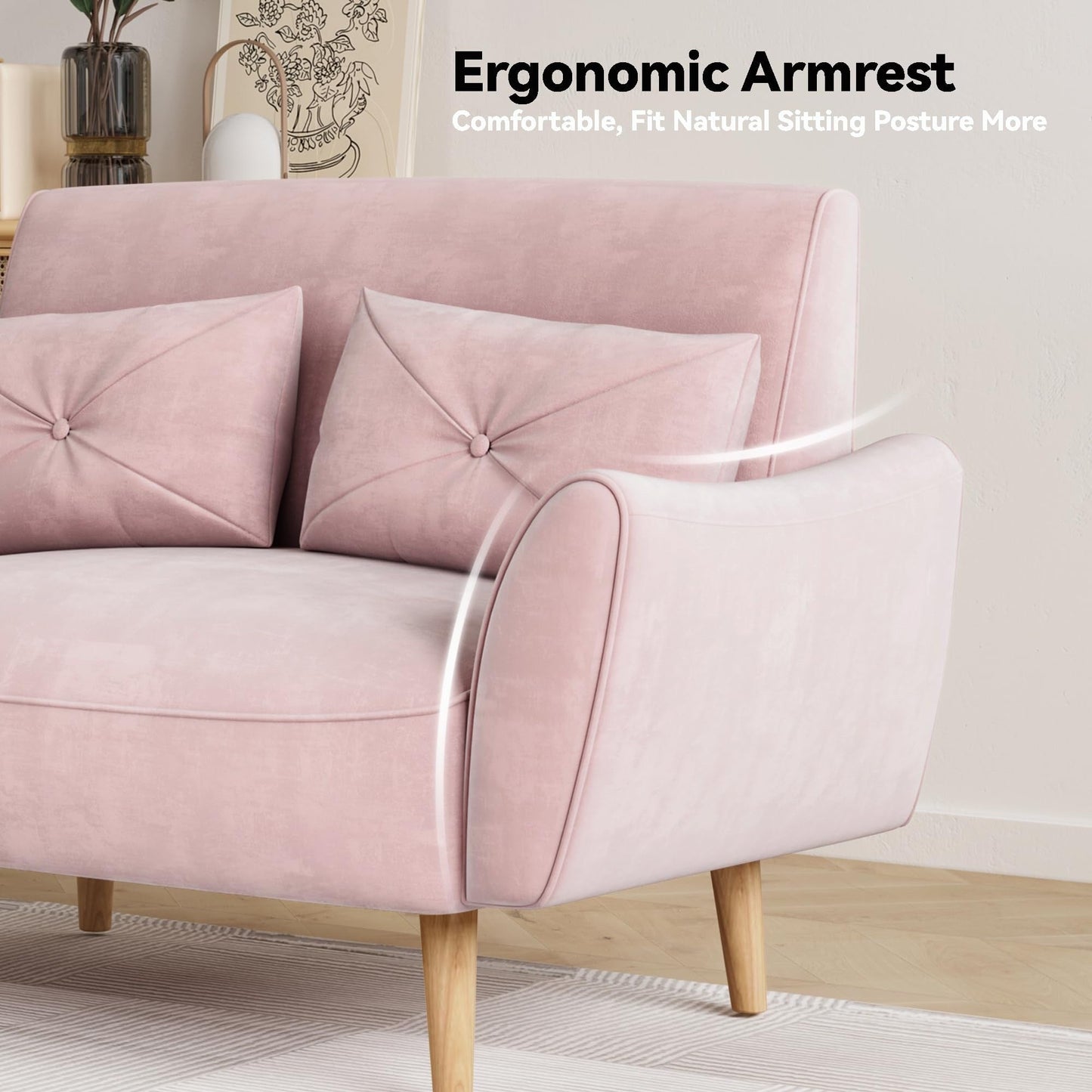 Divano a 2 posti in legno da 47,6 pollici con vassoio convertibile e braccioli curvi - Seduta di lusso compatta per piccoli spazi