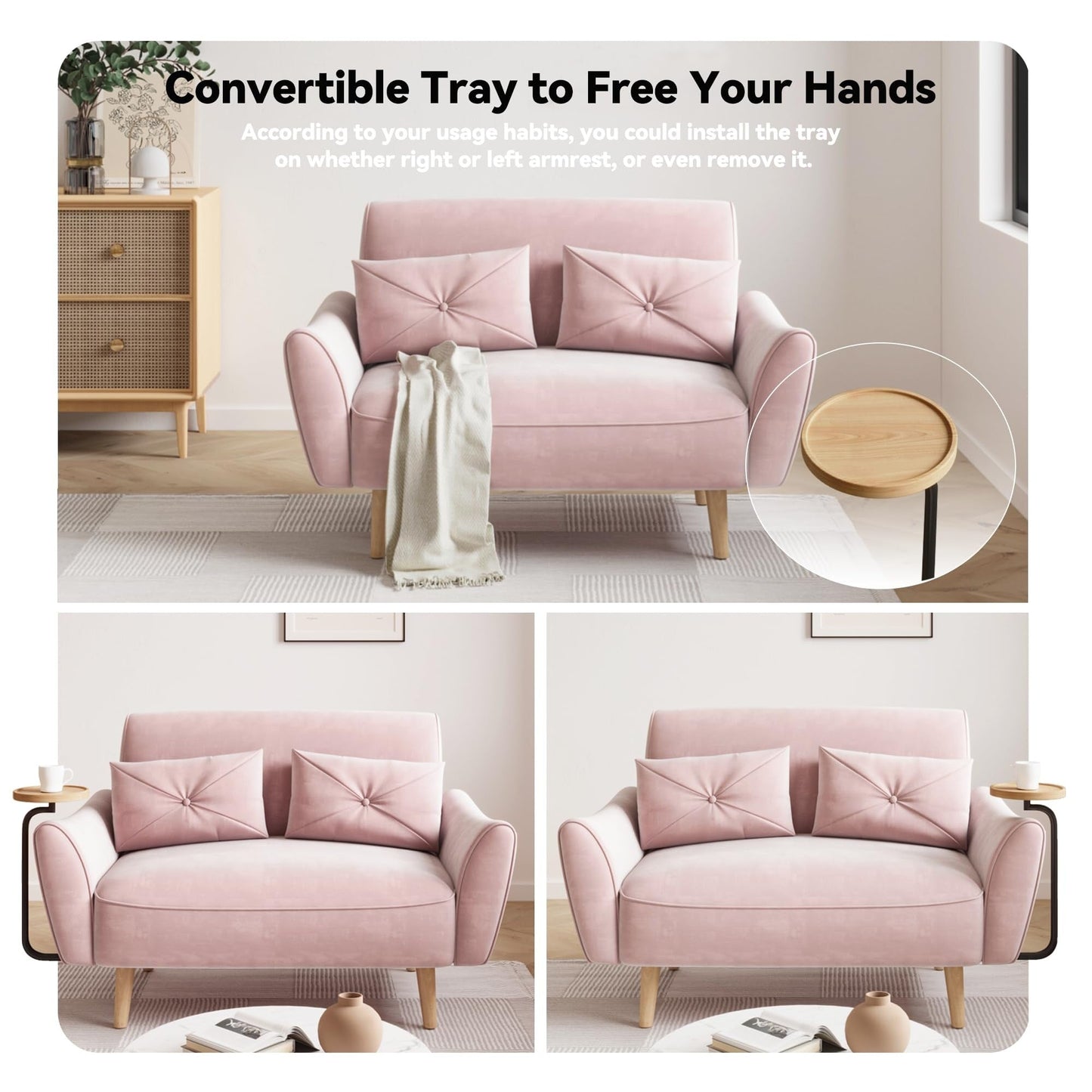 Divano a 2 posti in legno da 47,6 pollici con vassoio convertibile e braccioli curvi - Seduta di lusso compatta per piccoli spazi