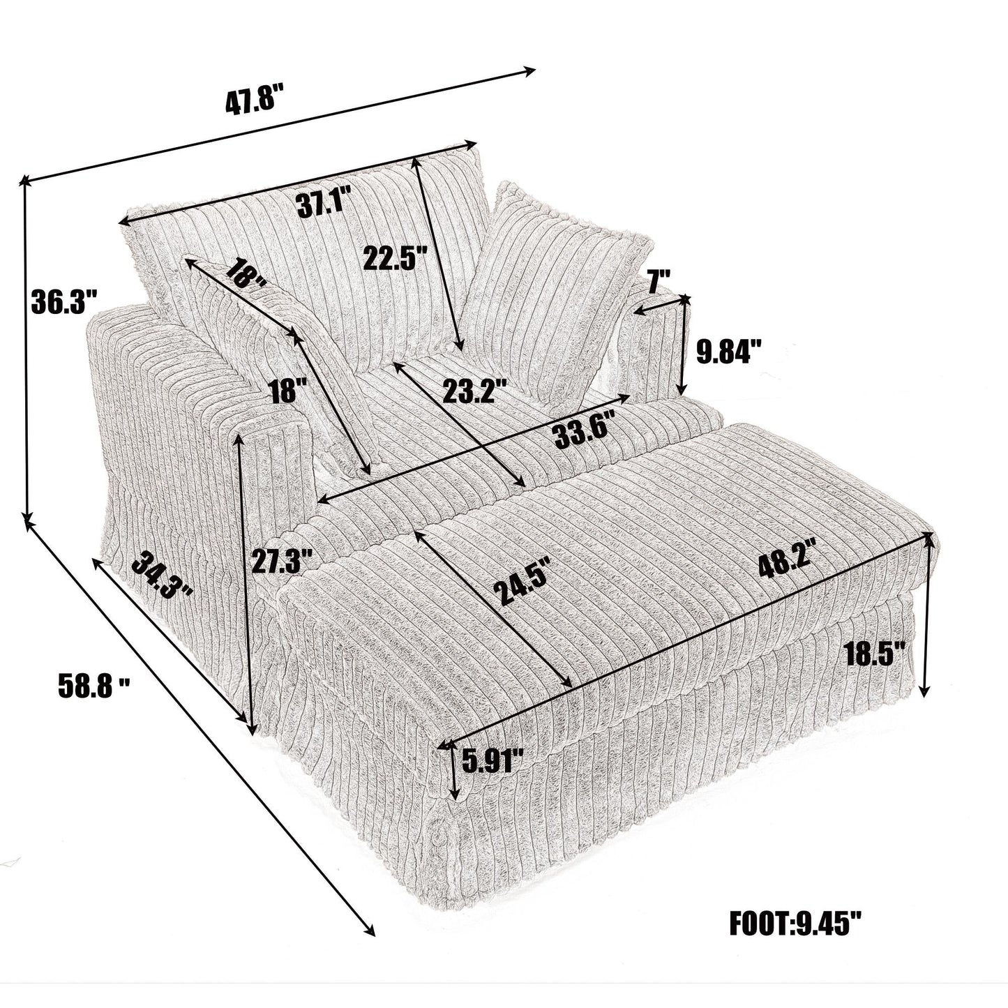 Chaise longue oversize in velluto a coste da 47,7 pollici con poggiapiedi reclinabile