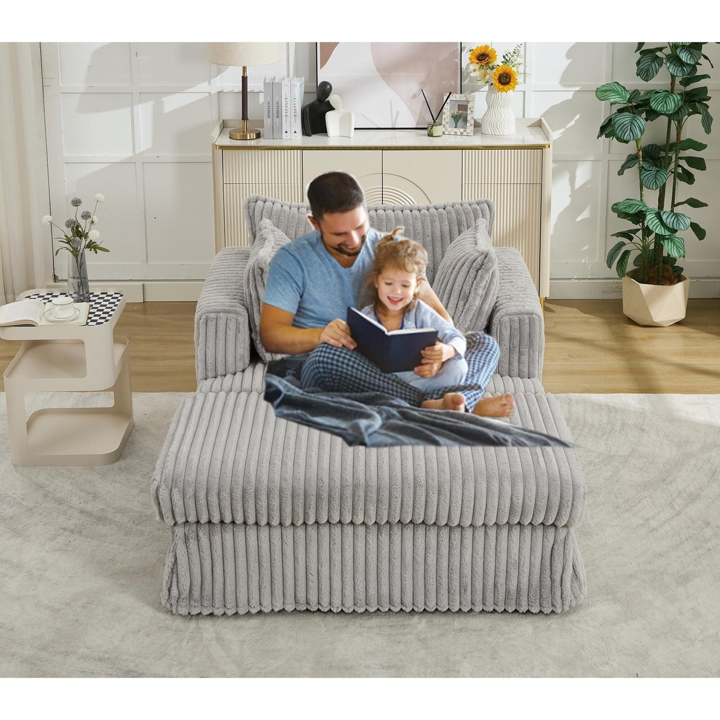 47.7 Chaise Longue oversize in velluto a coste con pouf