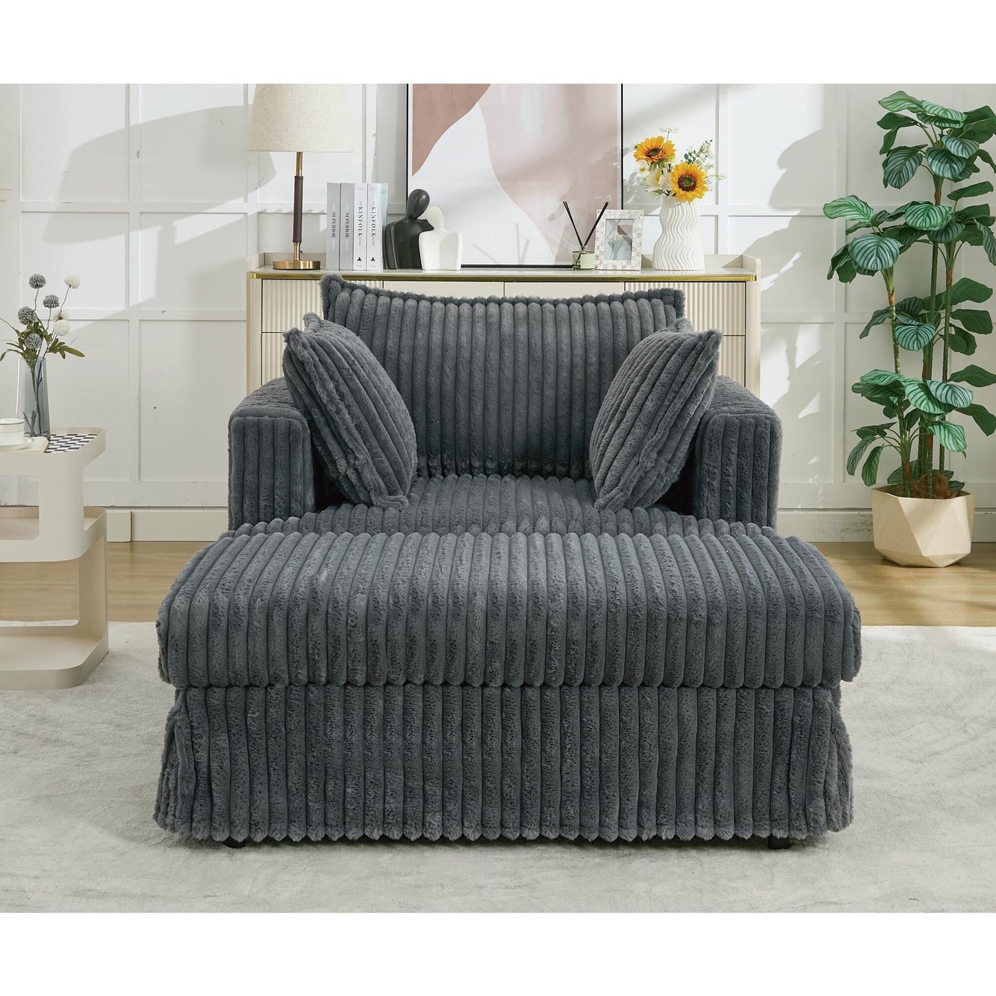 47.7 Chaise Longue oversize in velluto a coste con pouf