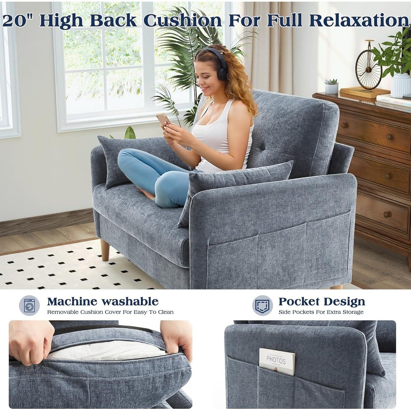 Divano a due posti in ciniglia 47 - Divano piccolo con fodera e cuscino sfoderabili, perfetto per appartamento/dormitorio