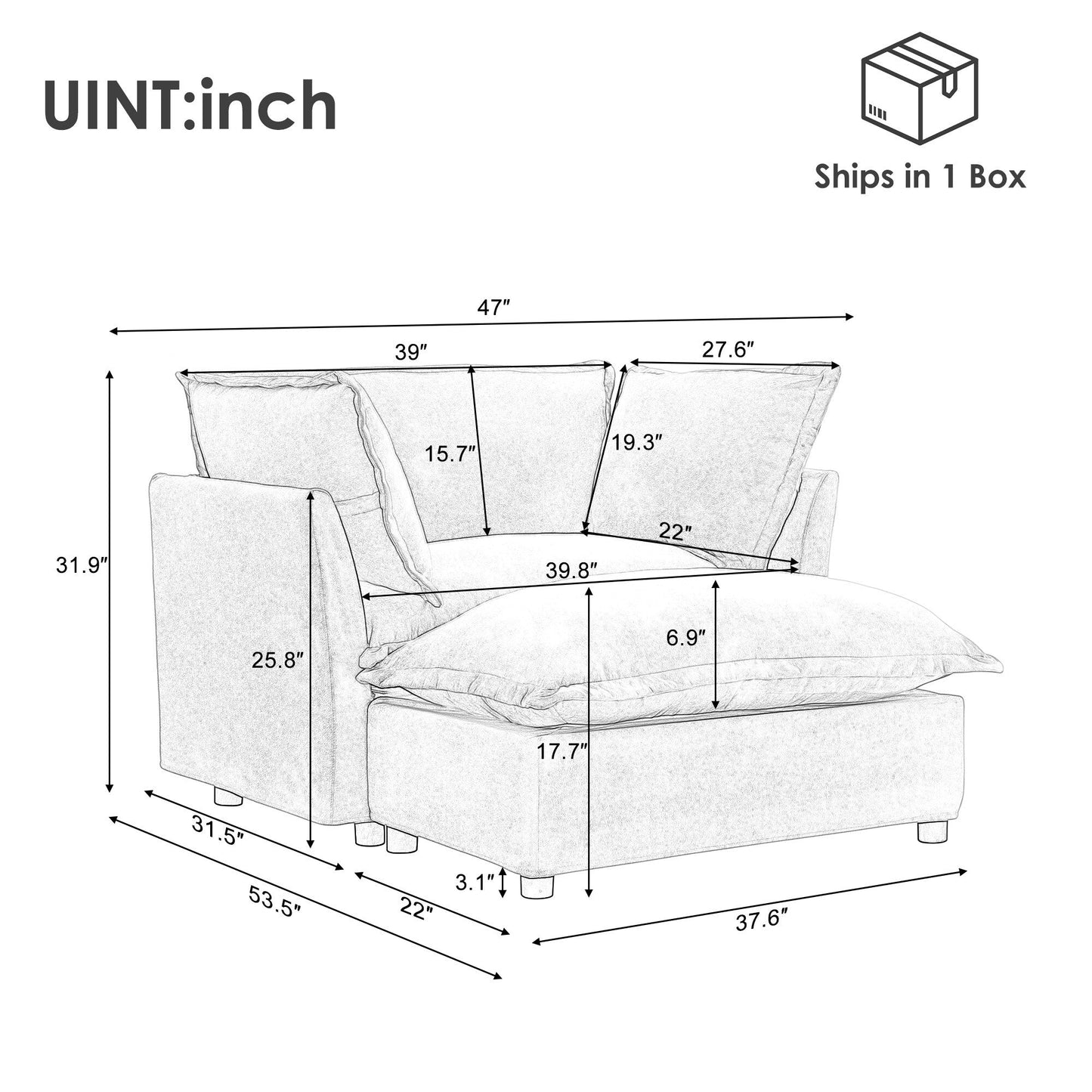 47 Divano moderno con pouf - Poltrona imbottita, seduta ampia, braccioli curvi e morbidi cuscini per soggiorno