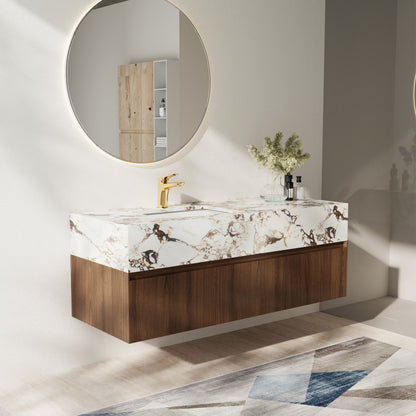 Mobile bagno singolo moderno da 48'', con piano in finto marmo lucido, legno massello