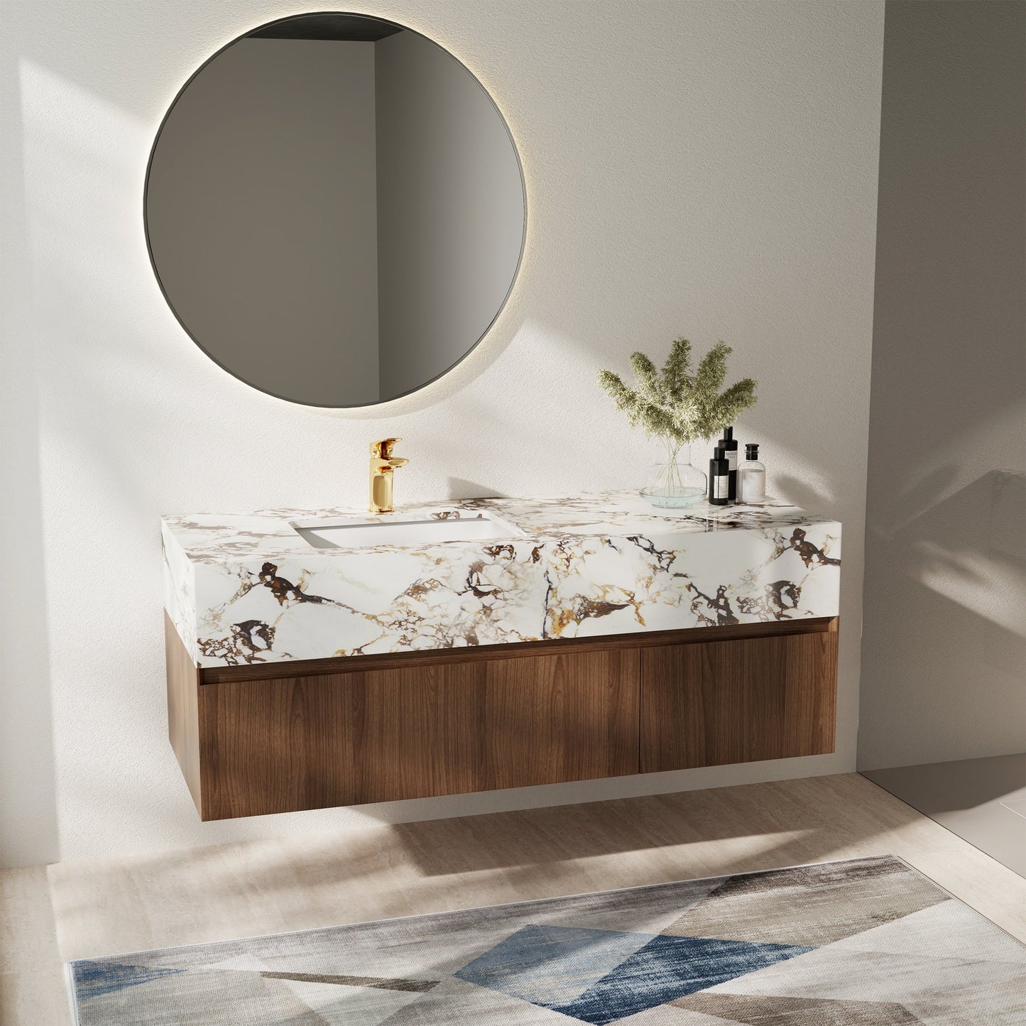 Mobile bagno singolo moderno da 48'', con piano in finto marmo lucido, legno massello