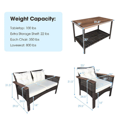 Set di 4 mobili da giardino in rattan e legno di acacia con cuscini, divano, braccioli e terrazza