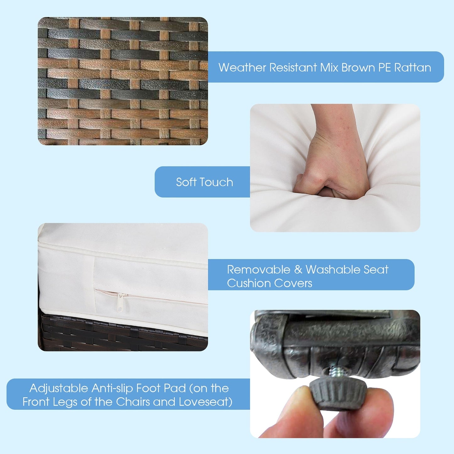 Set di 4 mobili da giardino in rattan e legno di acacia con cuscini, divano, braccioli e terrazza