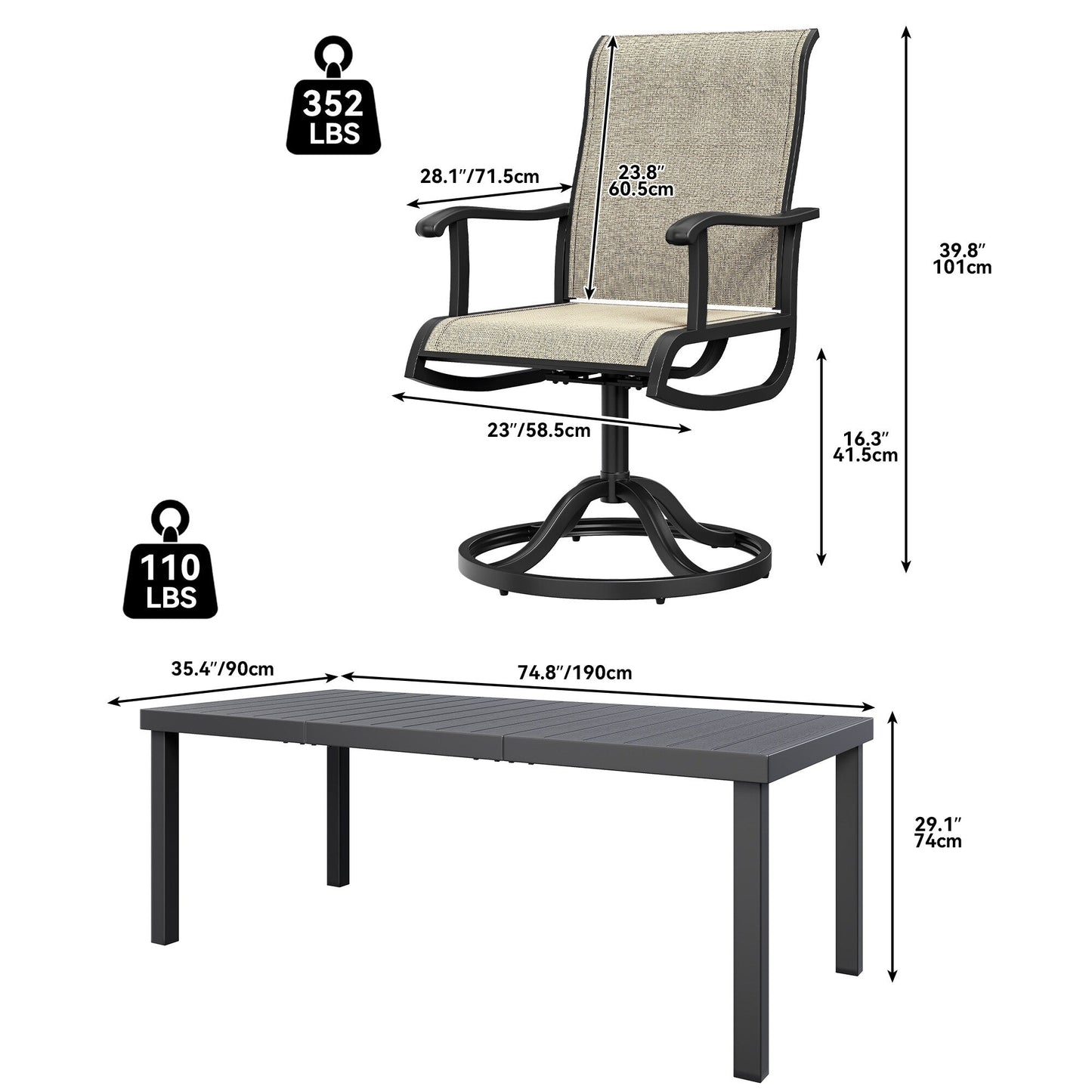 Set da pranzo per esterni 5/7/9 pezzi con sedie girevoli in textilene da 28 W, tavolo
