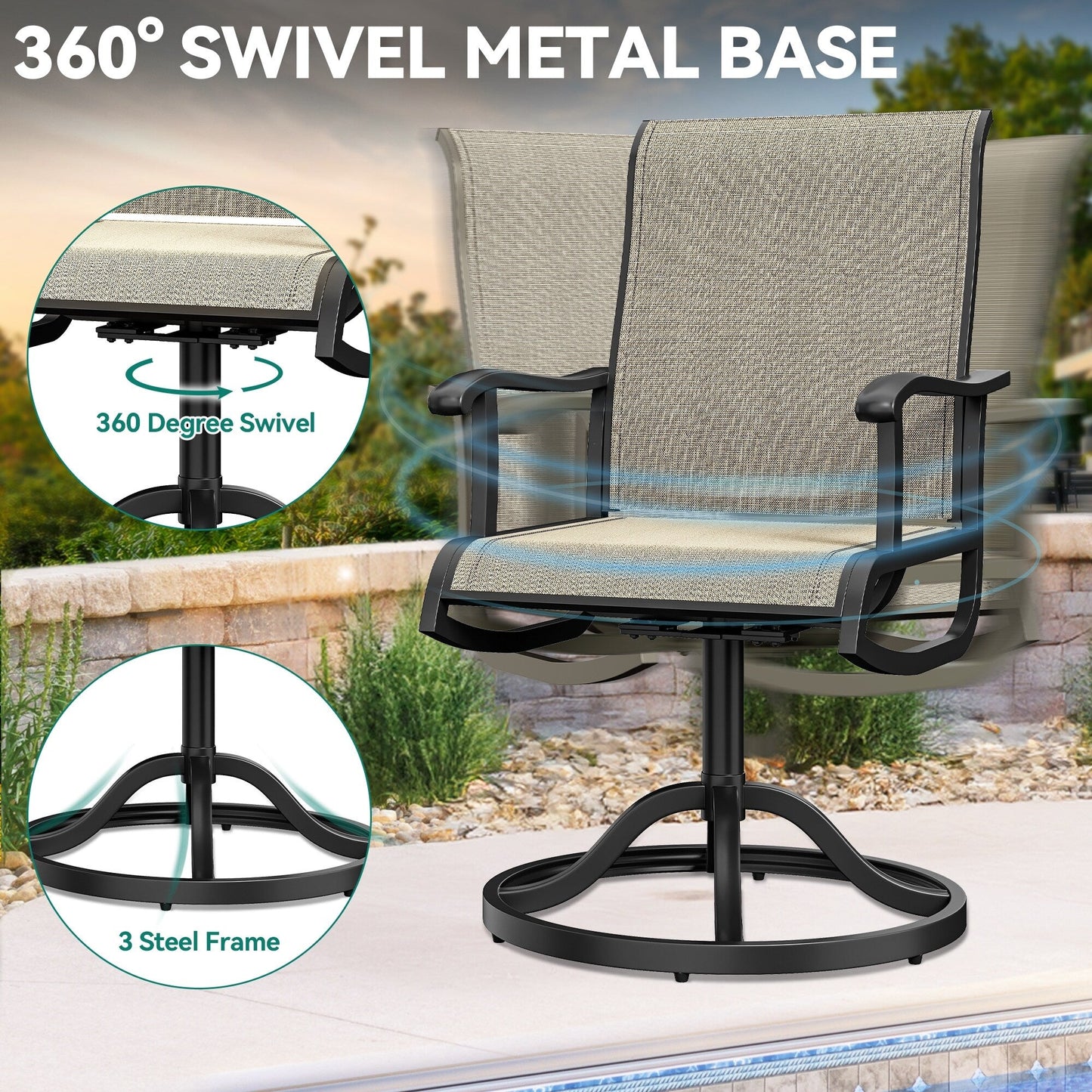 Set da pranzo per esterni 5/7/9 pezzi con sedie girevoli in textilene da 28 W, tavolo