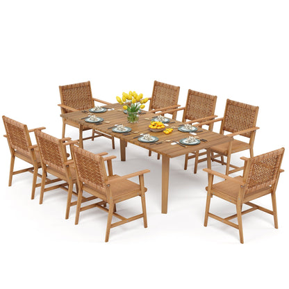 MAISON ARTS Set da pranzo per esterni in legno di acacia da 5/7/9 pezzi, tavolo in legno di teak e sedie da pranzo con seduta e schienale in vimini