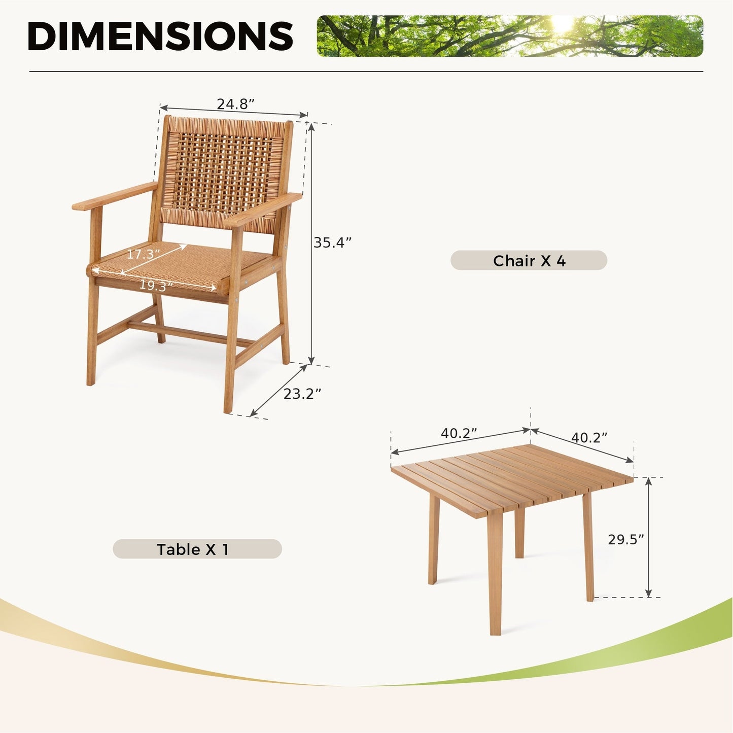 MAISON ARTS Set da pranzo per esterni in legno di acacia da 5/7/9 pezzi, tavolo in legno di teak e sedie da pranzo con seduta e schienale in vimini