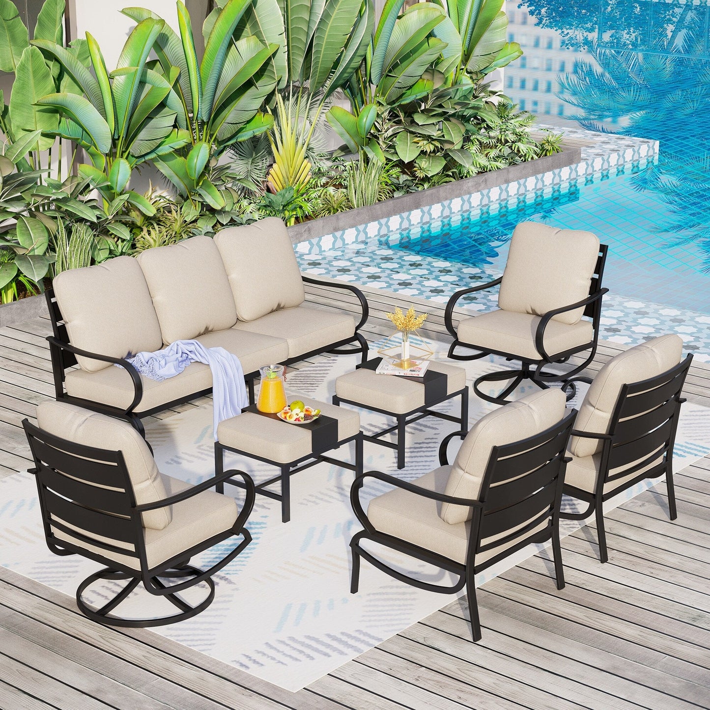 MAISON ARTS Set da conversazione per patio da 5/7/9 posti, set di divani da esterno con poltrone singole, divano a 3 posti, pouf e tavolino da caffè