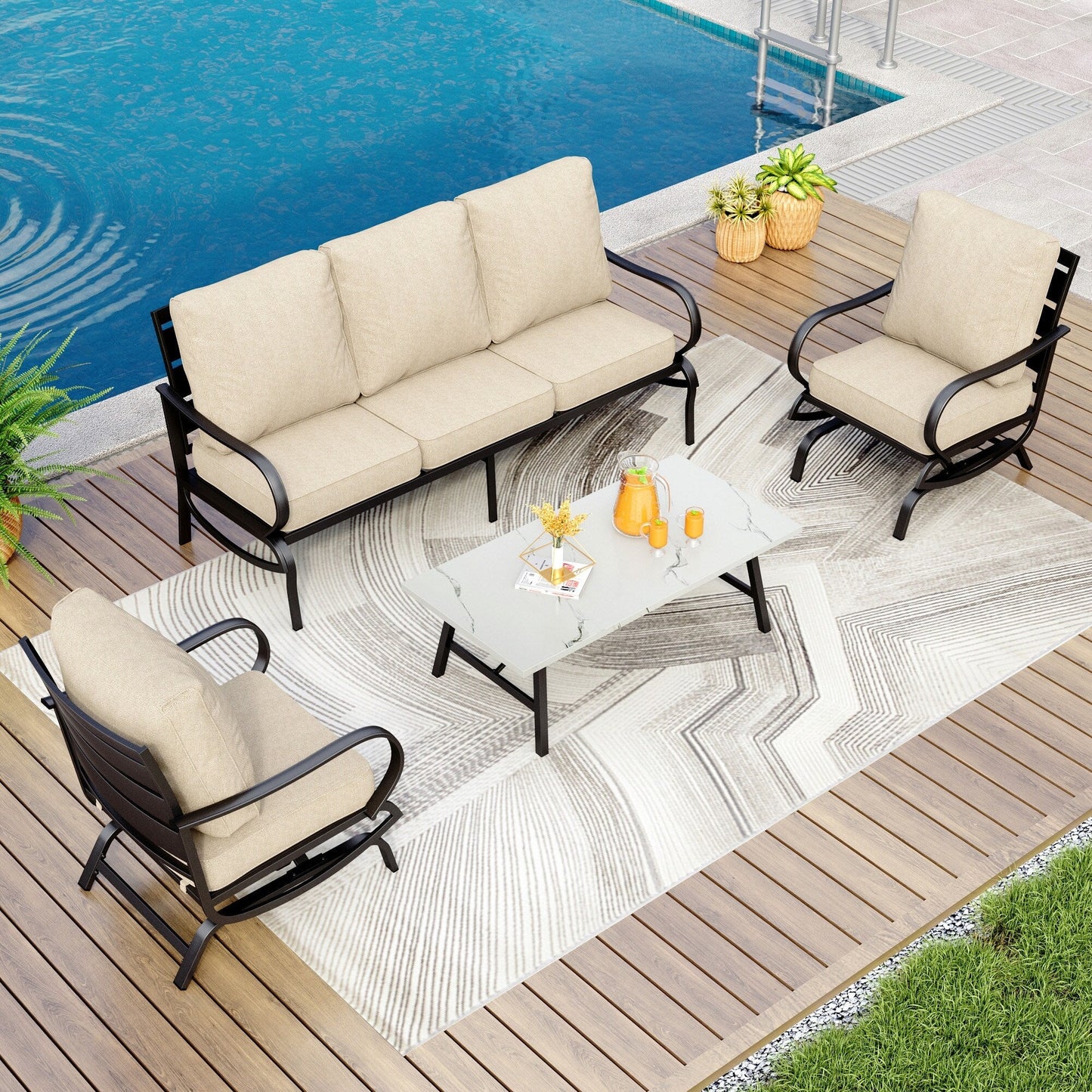 MAISON ARTS Set da conversazione per patio da 5/7/9 posti, set di divani da esterno con poltrone singole, divano a 3 posti, pouf e tavolino da caffè