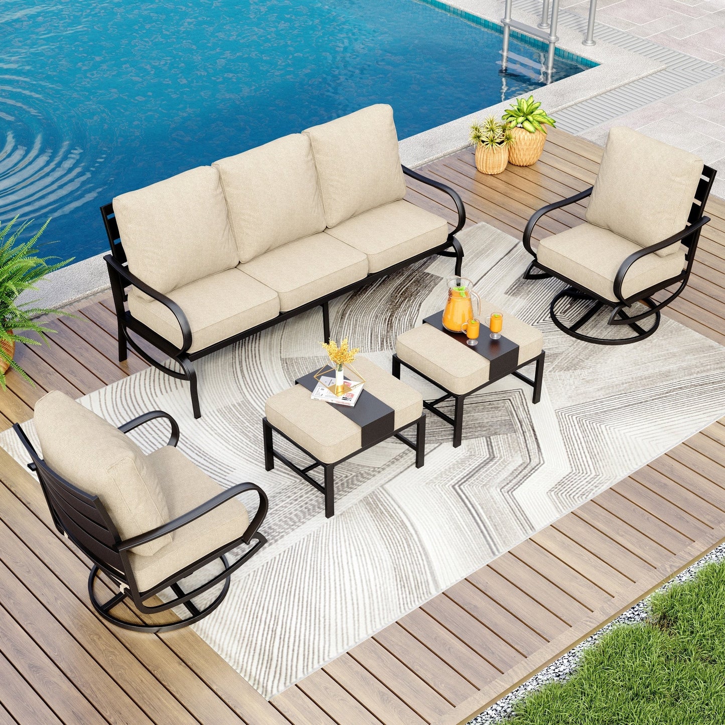 MAISON ARTS Set da conversazione per patio da 5/7/9 posti, set di divani da esterno con poltrone singole, divano a 3 posti, pouf e tavolino da caffè