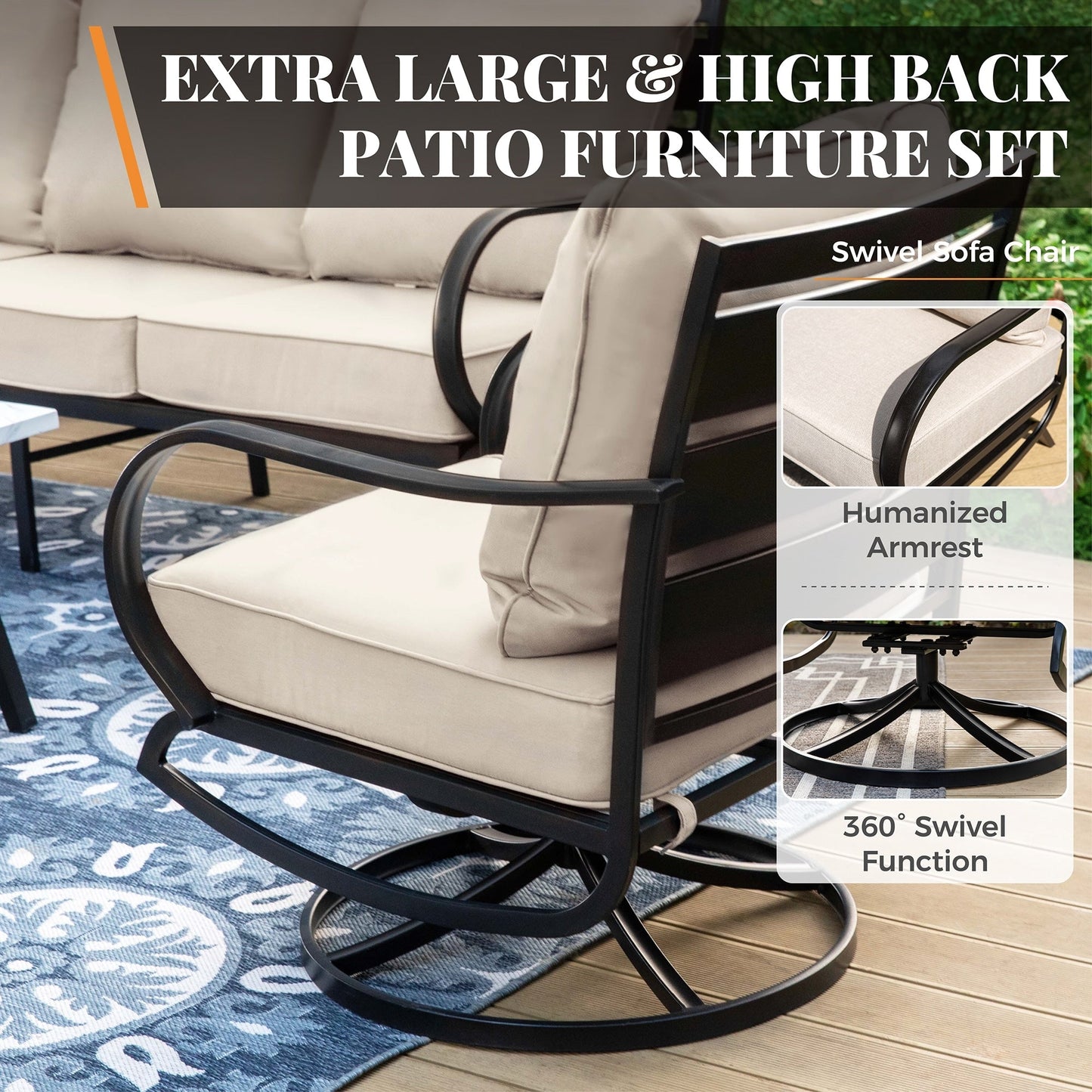 MAISON ARTS Set da conversazione per patio da 5/7/9 posti, set di divani da esterno con poltrone singole, divano a 3 posti, pouf e tavolino da caffè