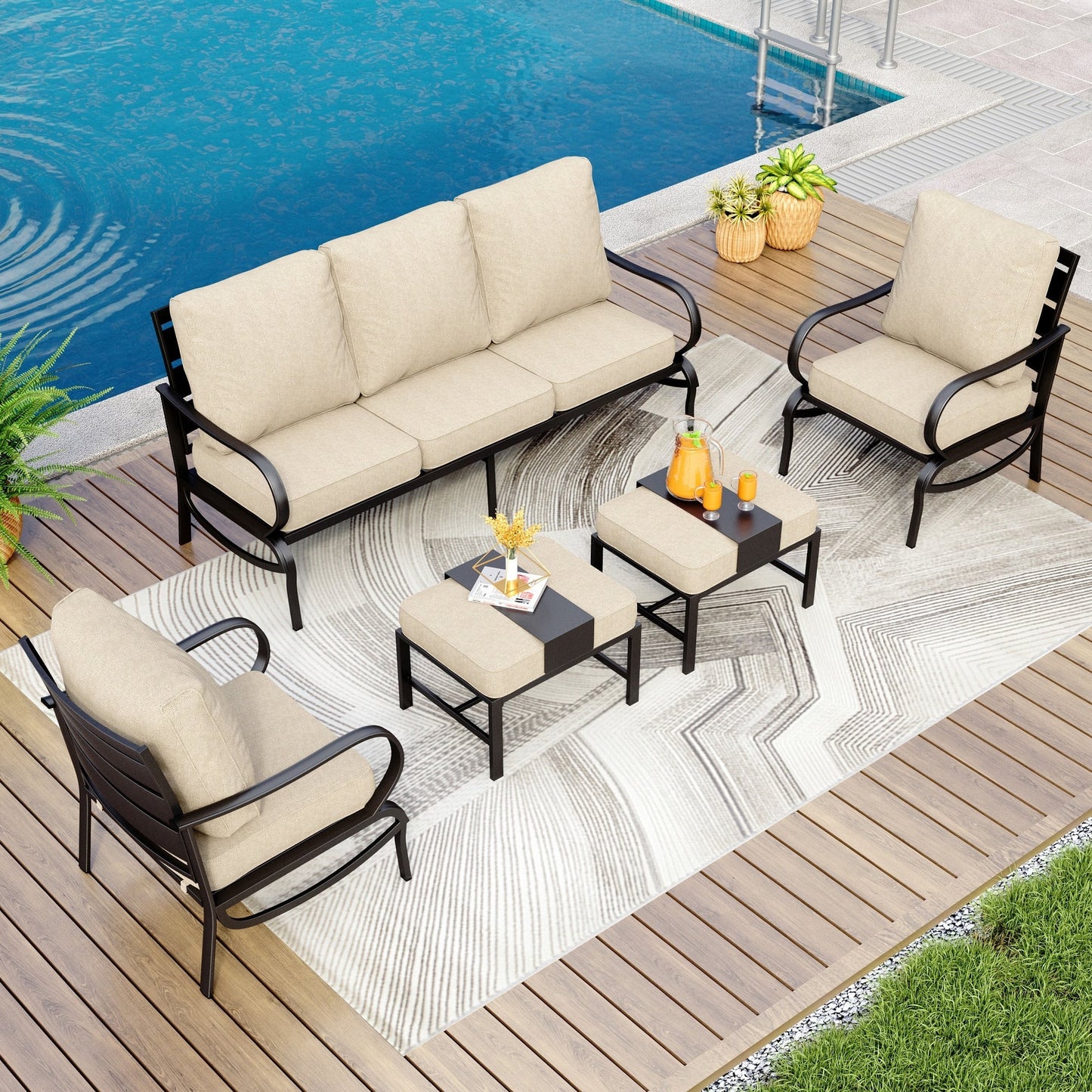 MAISON ARTS Set da conversazione per patio da 5/7/9 posti, set di divani da esterno con poltrone singole, divano a 3 posti, pouf e tavolino da caffè