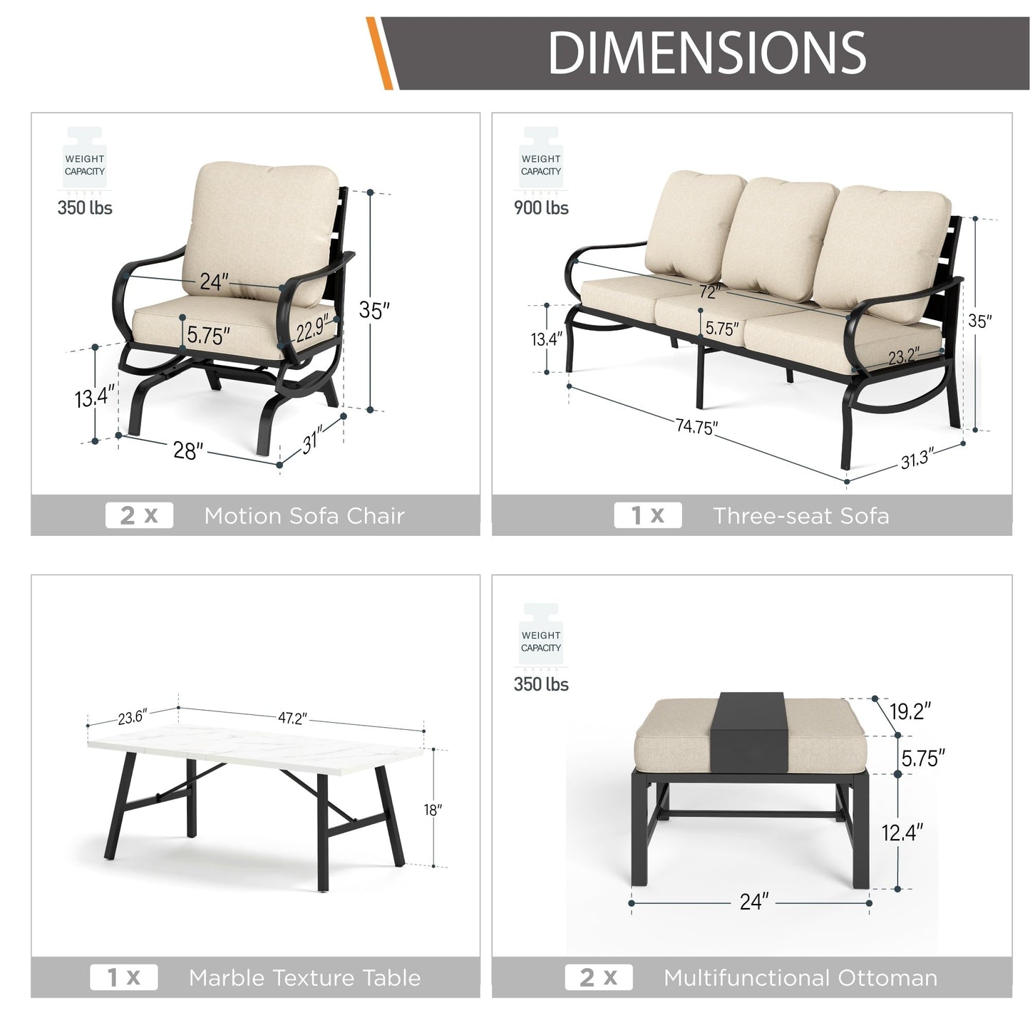 MAISON ARTS Set da conversazione per patio da 5/7/9 posti, set di divani da esterno con poltrone singole, divano a 3 posti, pouf e tavolino da caffè