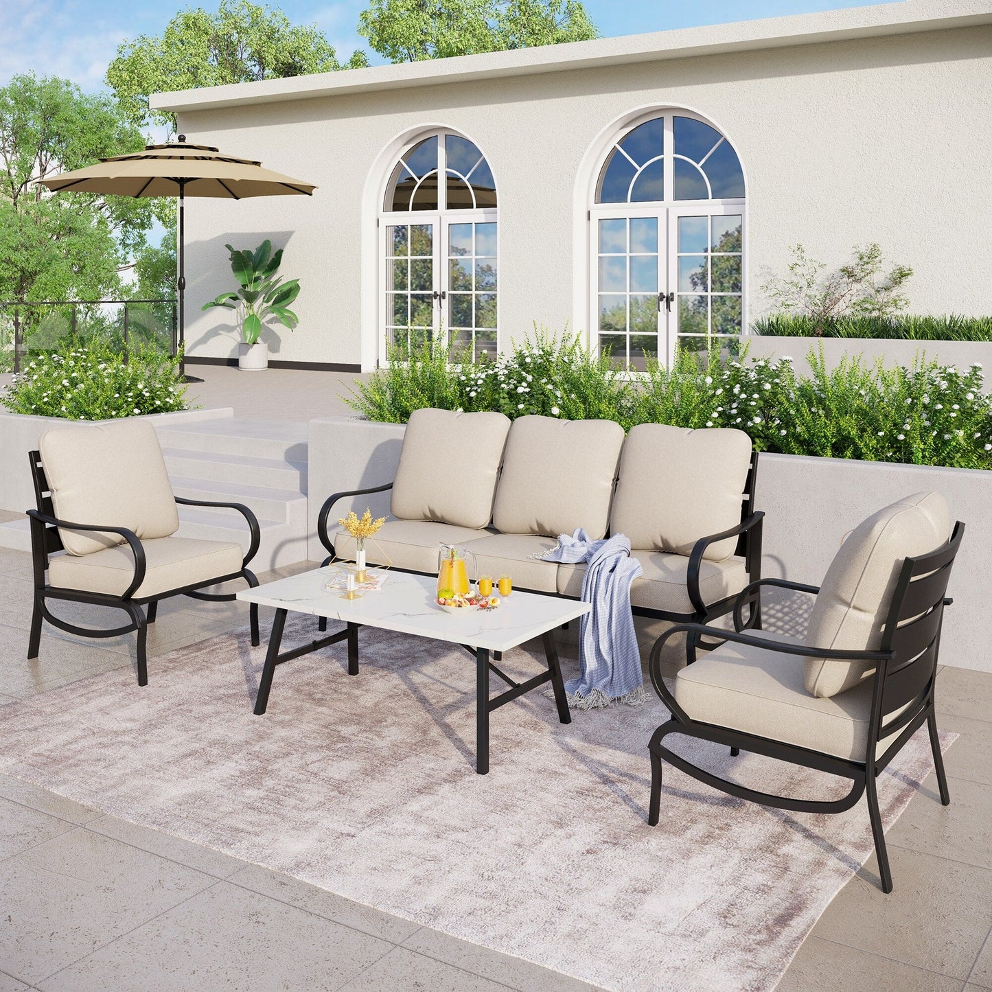 MAISON ARTS Set da conversazione per patio da 5/7/9 posti, set di divani da esterno con poltrone singole, divano a 3 posti, pouf e tavolino da caffè