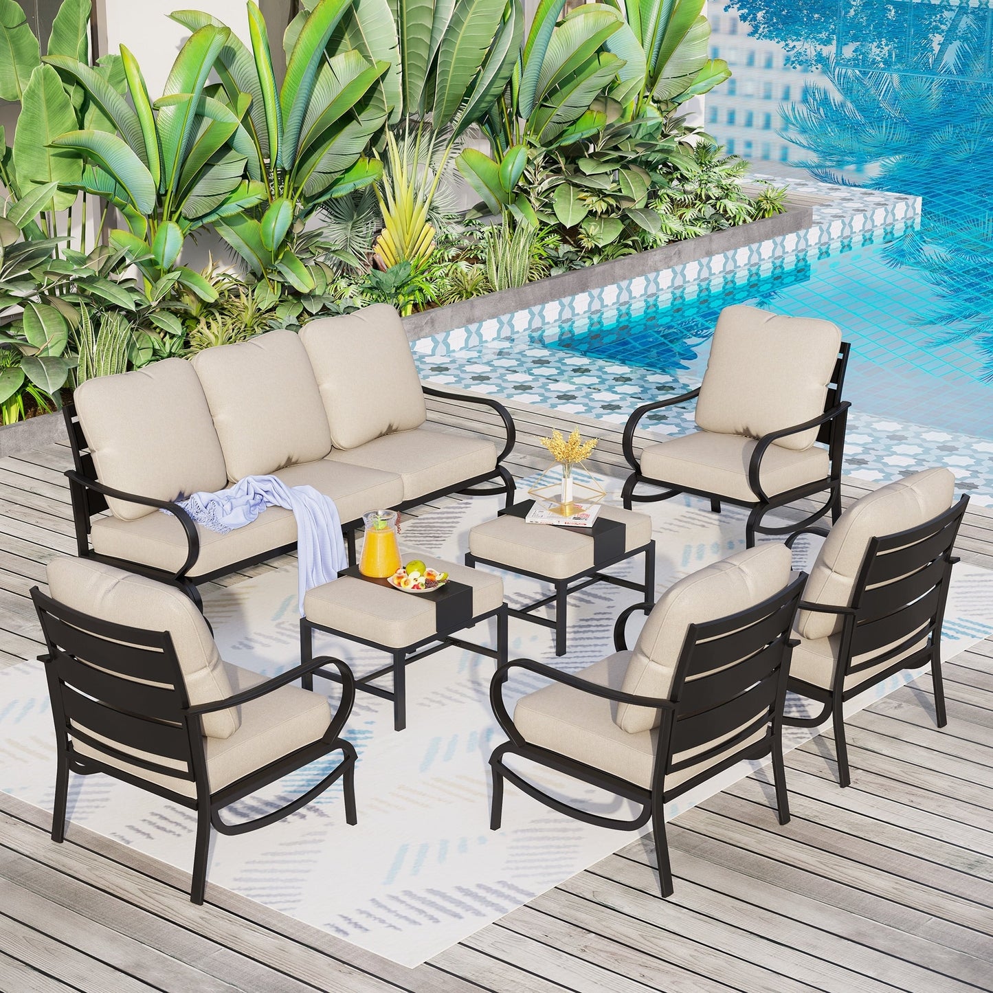 MAISON ARTS Set da conversazione per patio da 5/7/9 posti, set di divani da esterno con poltrone singole, divano a 3 posti, pouf e tavolino da caffè