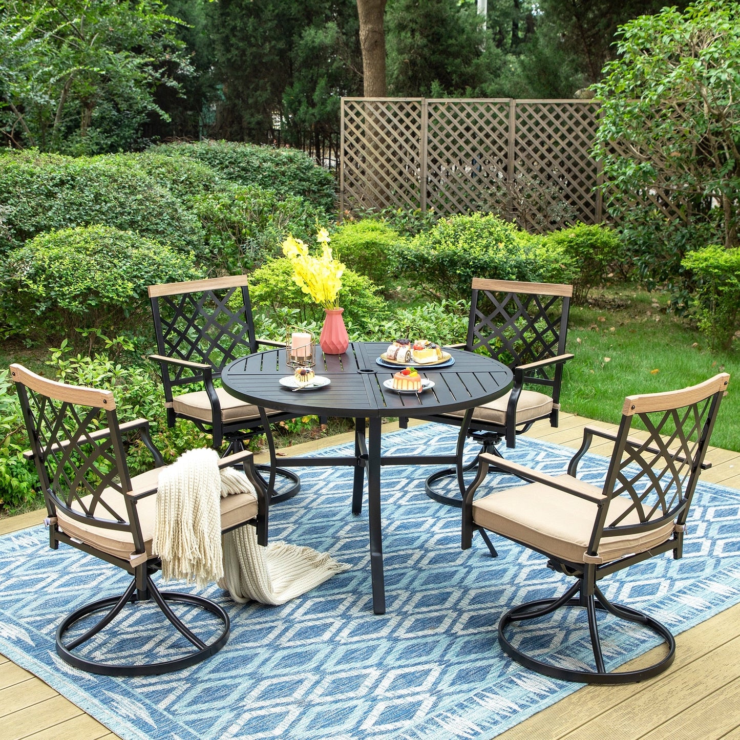 MAISON ARTS Set da pranzo per patio da 5/7 pezzi, 1 tavolo in metallo con 4/6 sedie da pranzo girevoli in metallo