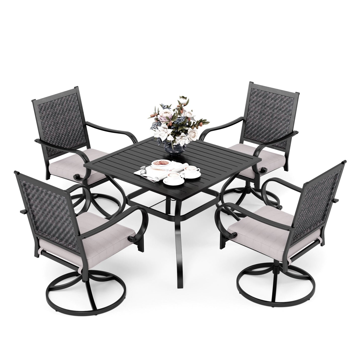 MAISON ARTS Set da pranzo per patio da 5/7 pezzi, 4/6 sedie girevoli in rattan con cuscino e 1 tavolo in metallo con foro per ombrellone