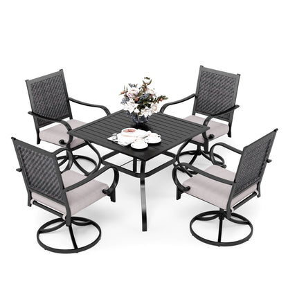 MAISON ARTS Set da pranzo per patio da 5/7 pezzi, 4/6 sedie girevoli in rattan con cuscino e 1 tavolo in metallo con foro per ombrellone