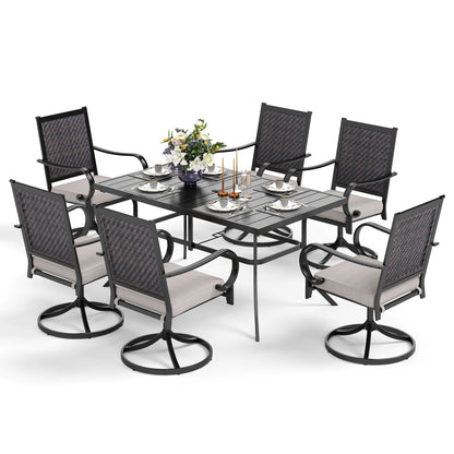 MAISON ARTS Set da pranzo per patio da 5/7 pezzi, 4/6 sedie girevoli in rattan con cuscino e 1 tavolo in metallo con foro per ombrellone