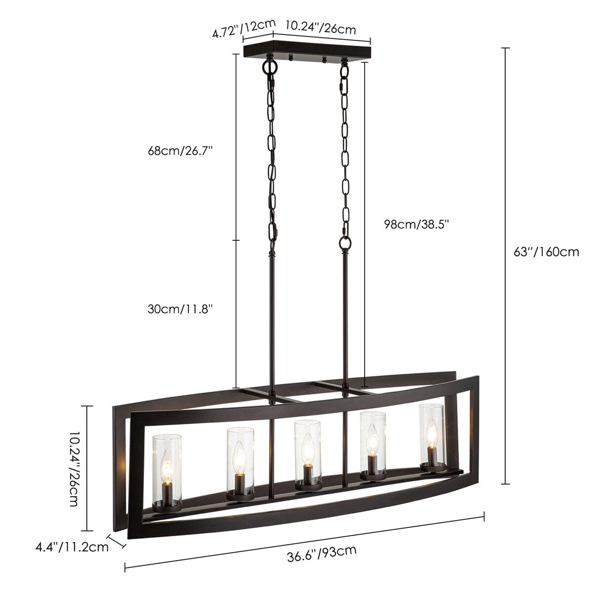 Lampadario rettangolare vintage in vetro a 5 luci, in stile industriale moderno di metà secolo, per isola da cucina
