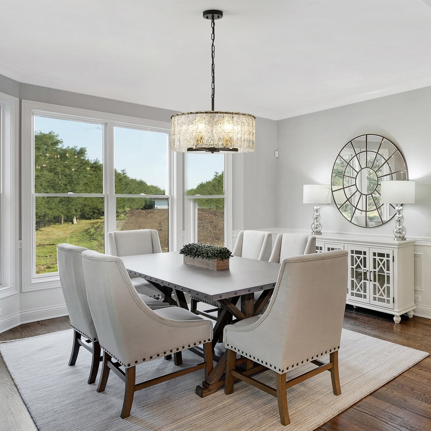 Lampadario moderno a tamburo rotondo a 5 luci, lampadario classico semi-incassato, lampada a sospensione per isola cucina e sala da pranzo