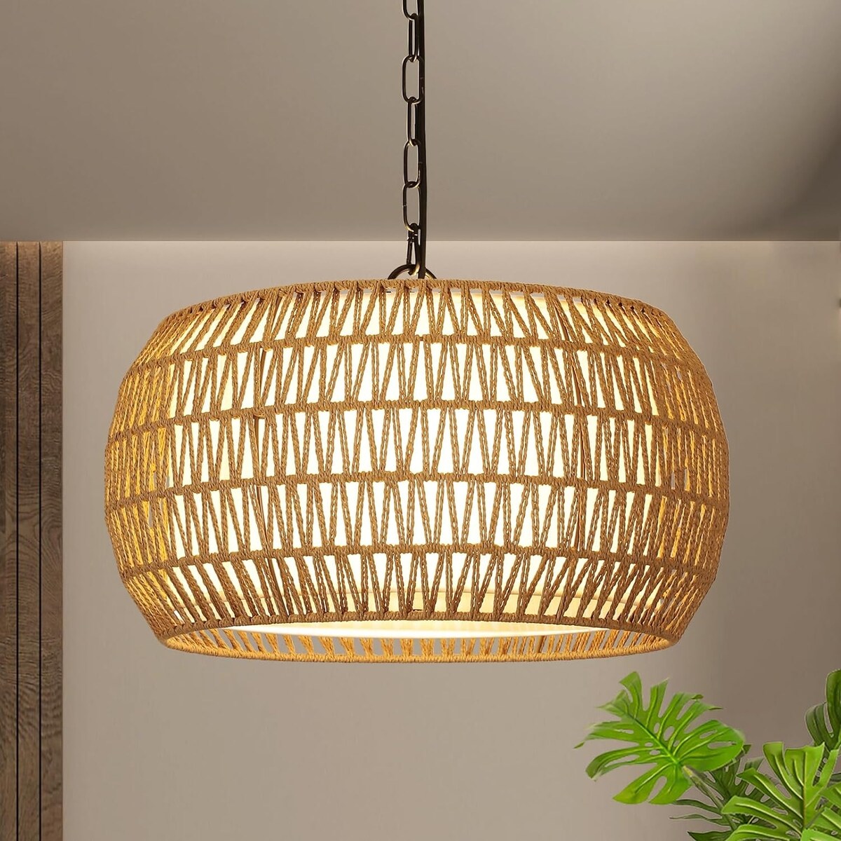 Lampadario in stile fattoria in rattan a 5 luci