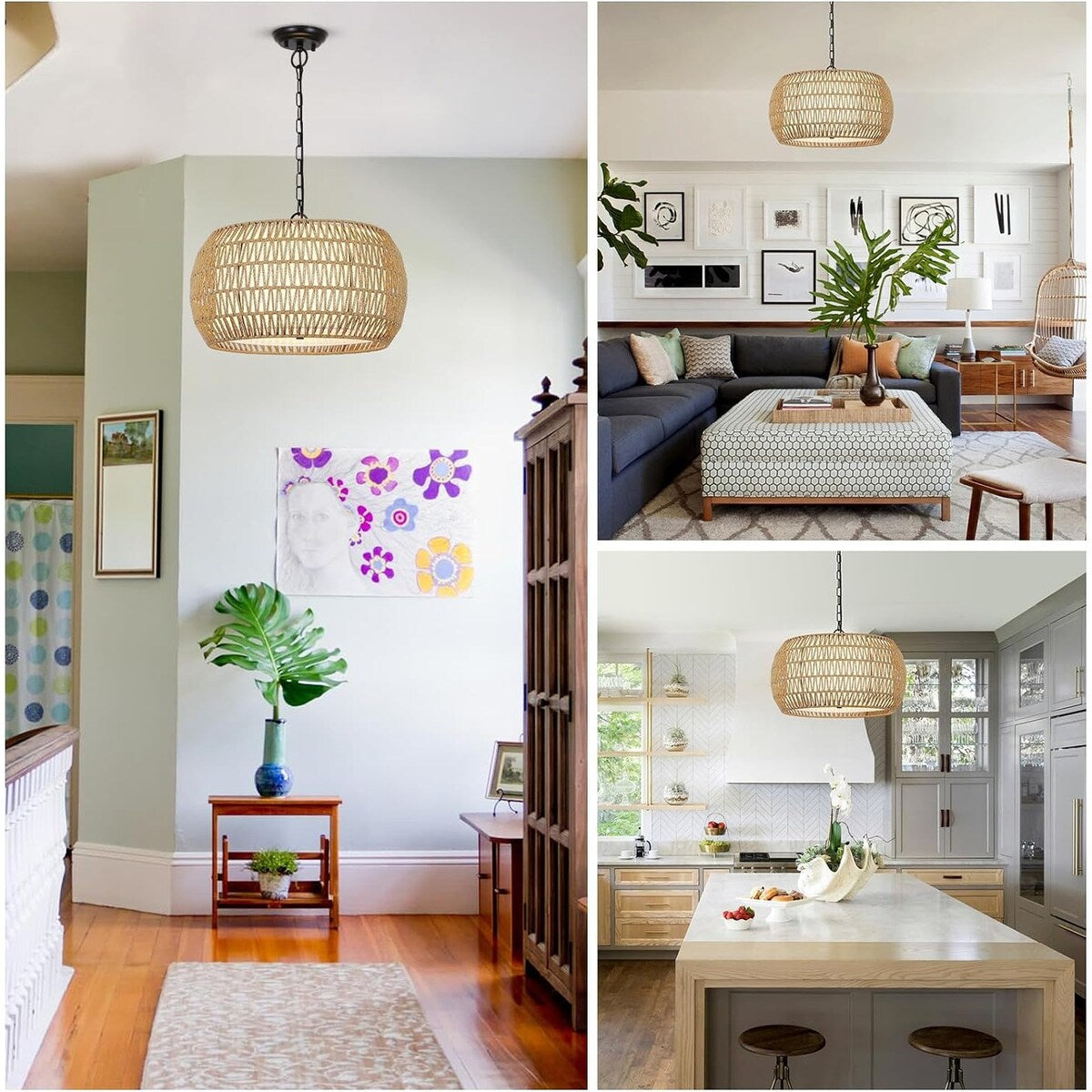 Lampadario in stile fattoria in rattan a 5 luci