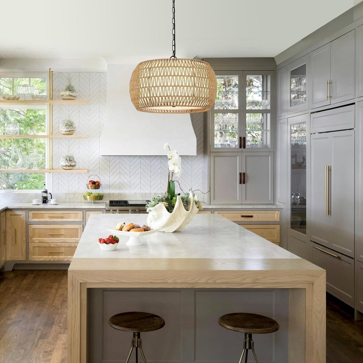 Lampadario in stile fattoria in rattan a 5 luci